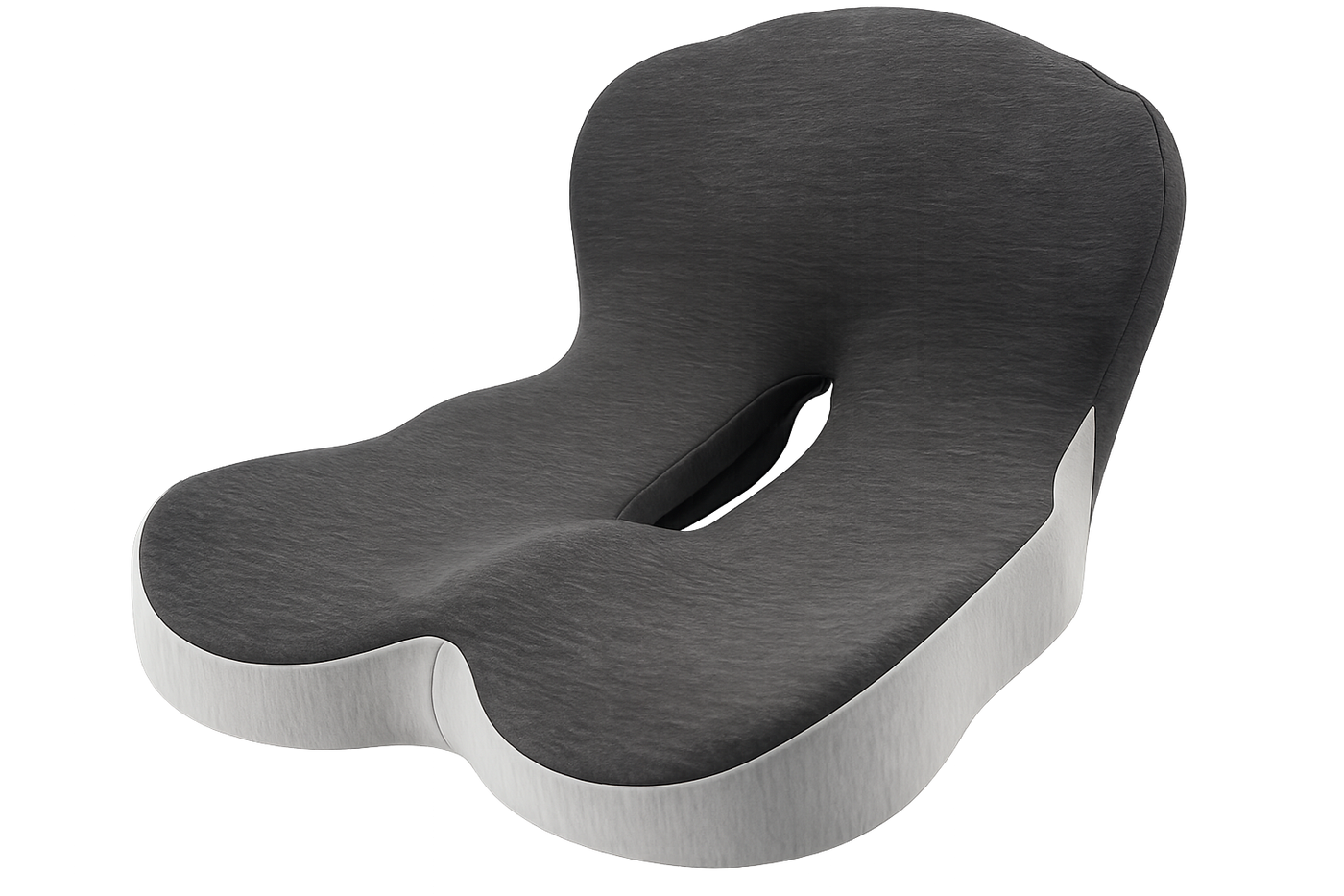 Ergonomische U-Form des Thermira Sitzkissens: Aussparung entlastet das Steißbein, stützt den unteren Rücken und verteilt den Druck